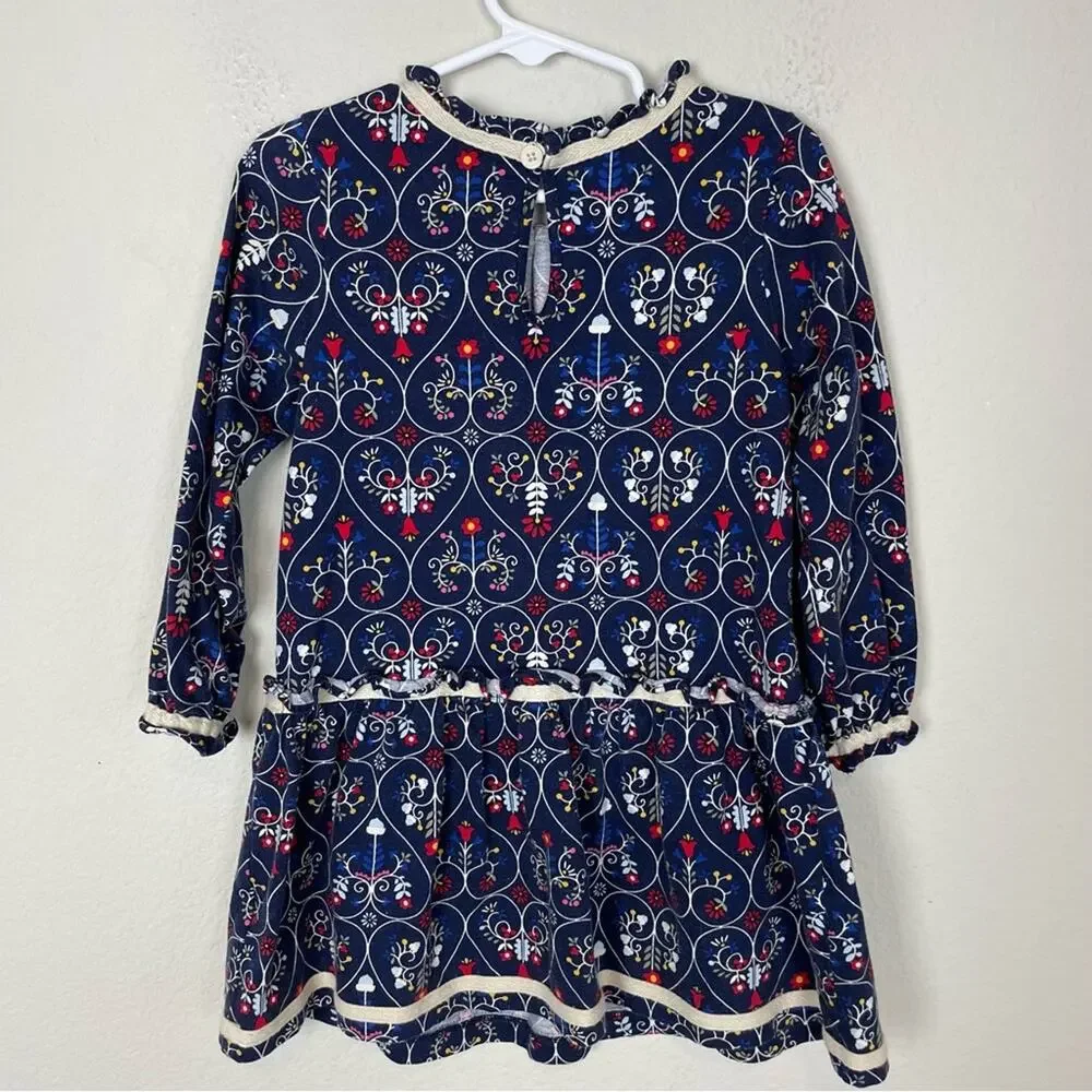 Hanna Andersson Navy Floral Brushed Cotton / Flannel Long Sleeve Dress 100 - 4y